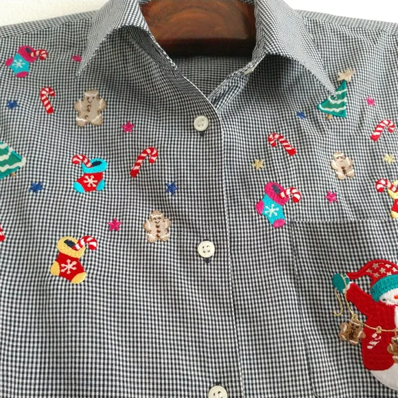 Karen Scott Embroidered Christmas Shirt Black White Gingham Check Snowman Large - Picture 2 of 8